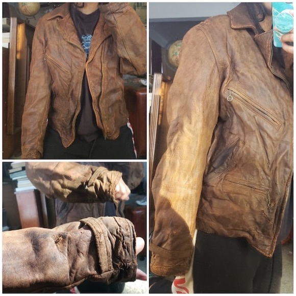 âSOLDâ Antique Biker Jacket 40s 50s Distressed - Picture 9 of 14